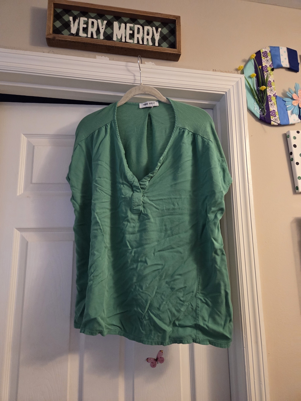 Nine West Green V-Neck Short Sleeve Blouse Large L